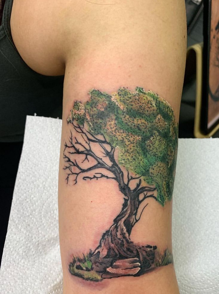 Colour tree of life arm tattoo by Rondon Neto