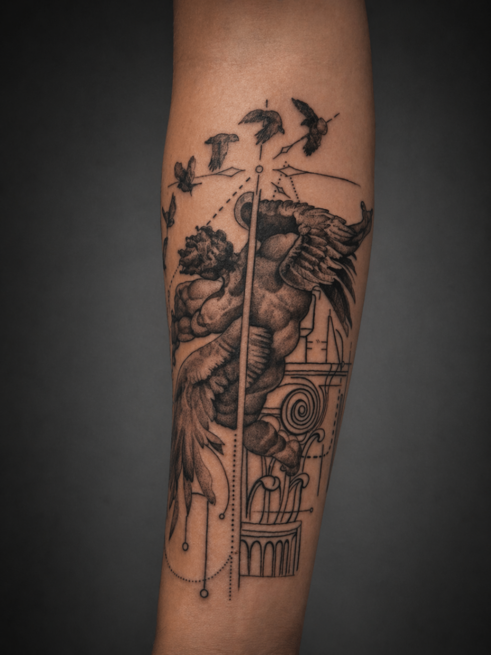 Black and grey fallen angel forearm tattoo by Rondon Neto