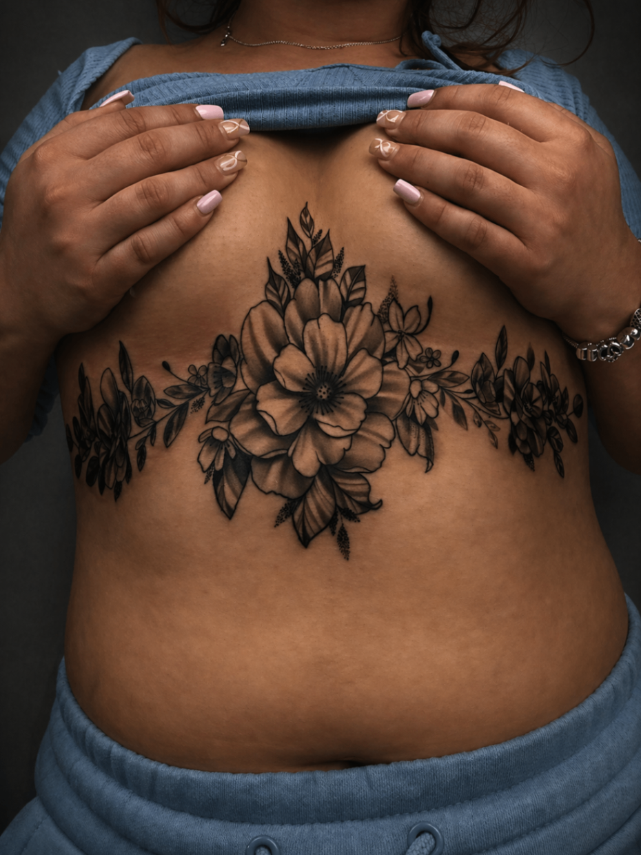 Large black and grey floral torso tattoo by Rondon Neto