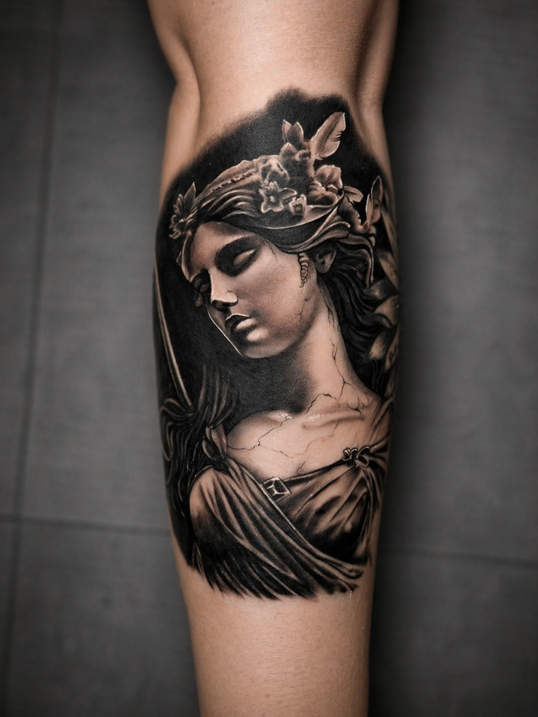Black and grey classical woman portrait calf tattoo by Rondon Neto