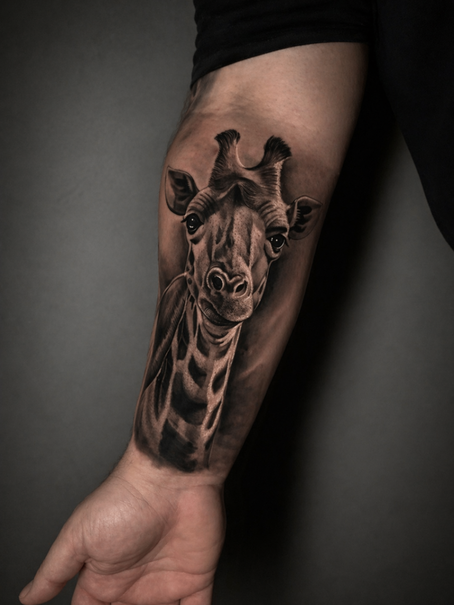 Realistic giraffe forearm tattoo by Rondon Neto