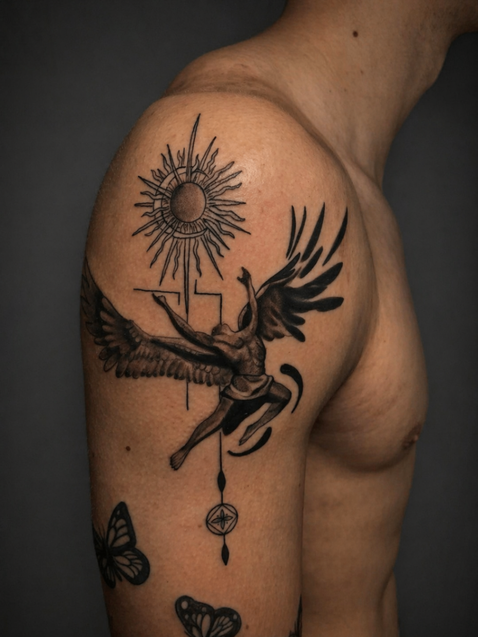 Fine line black and grey shoulder tattoo by Rondon Neto