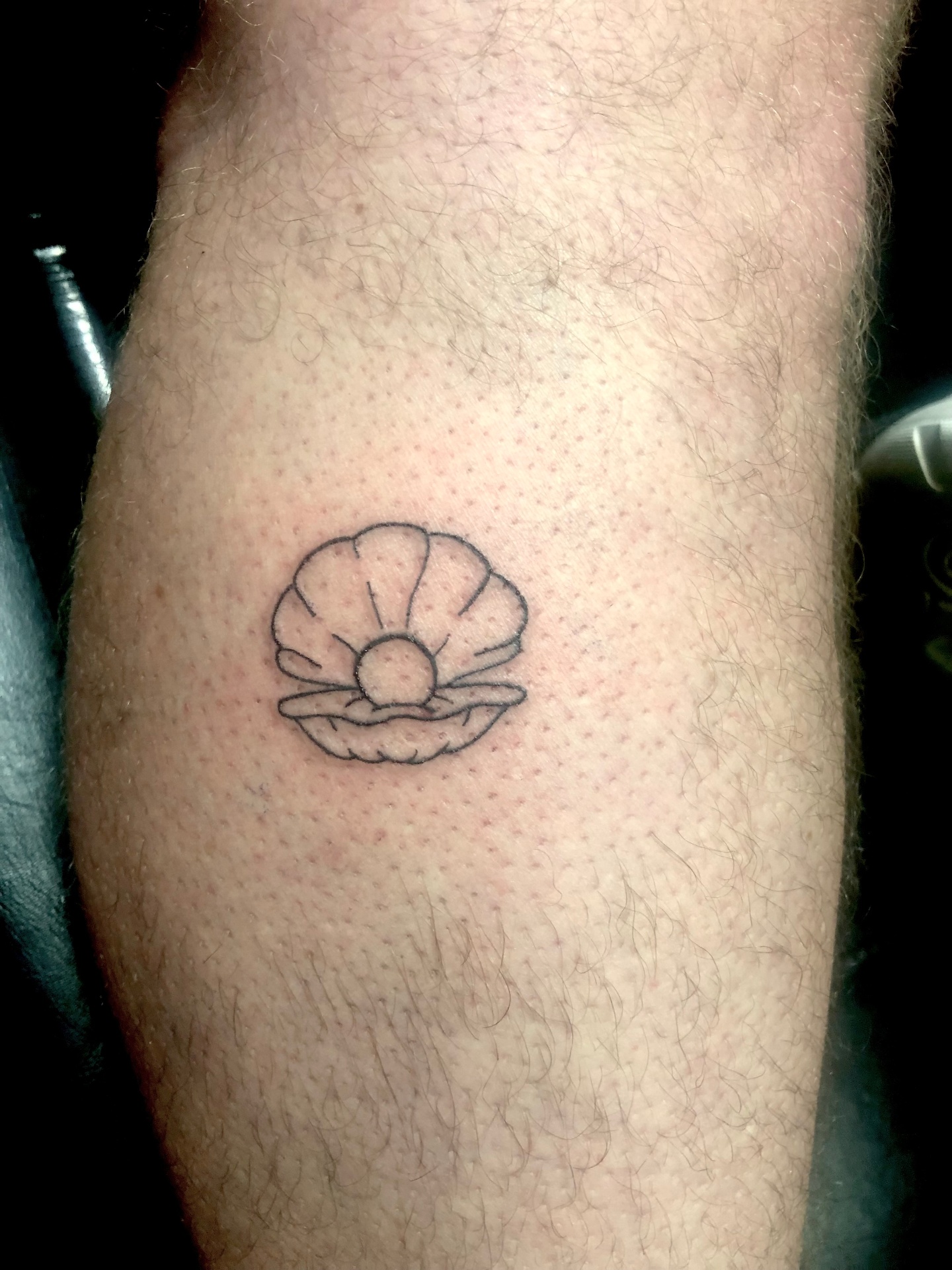 Fine line clam and pearl tattoo by Rondon Neto