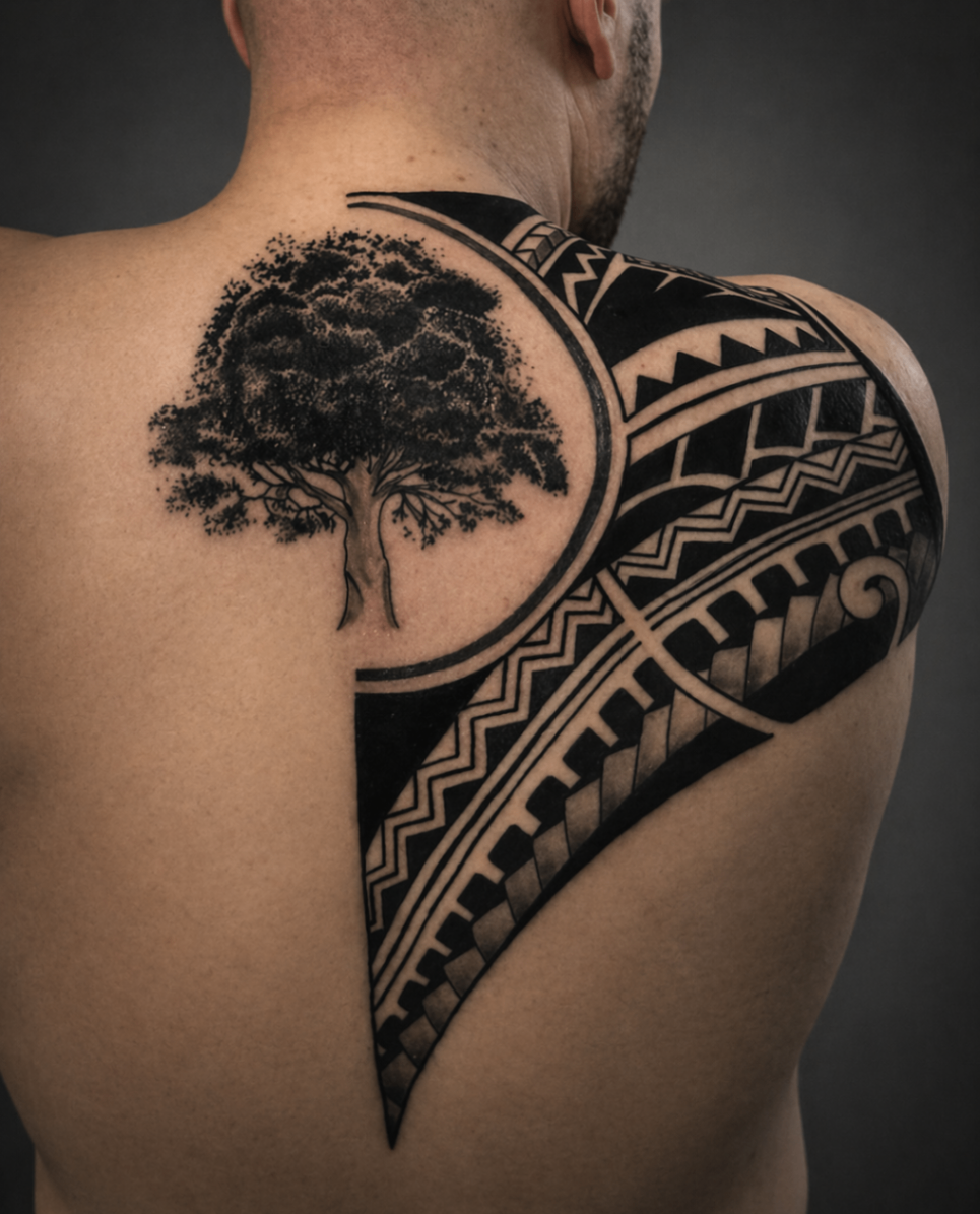 Bold blackwork Polynesian shoulder tattoo with tree motif by Rondon Neto