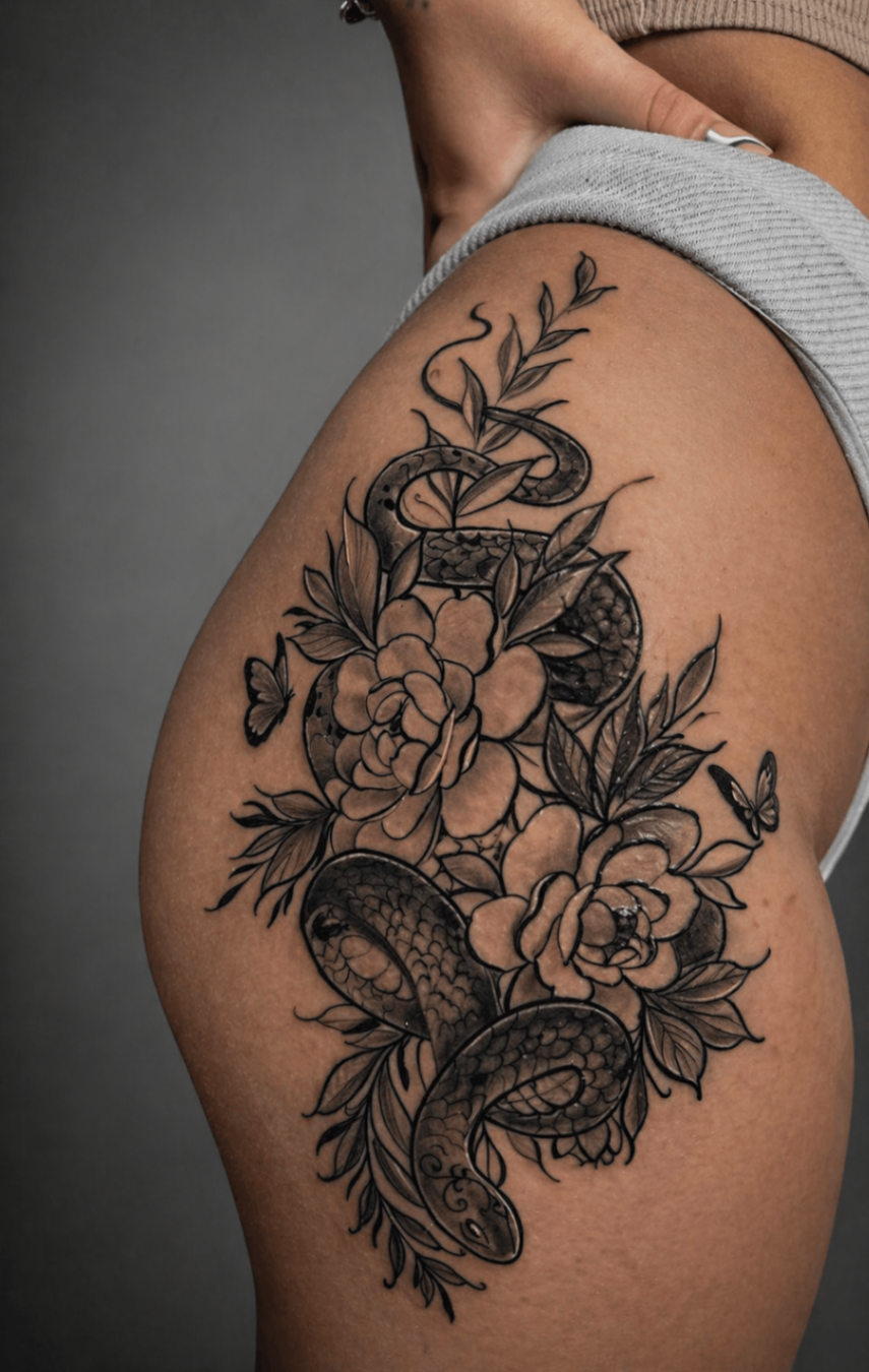 Fine line floral and snake thigh tattoo by Rondon Neto