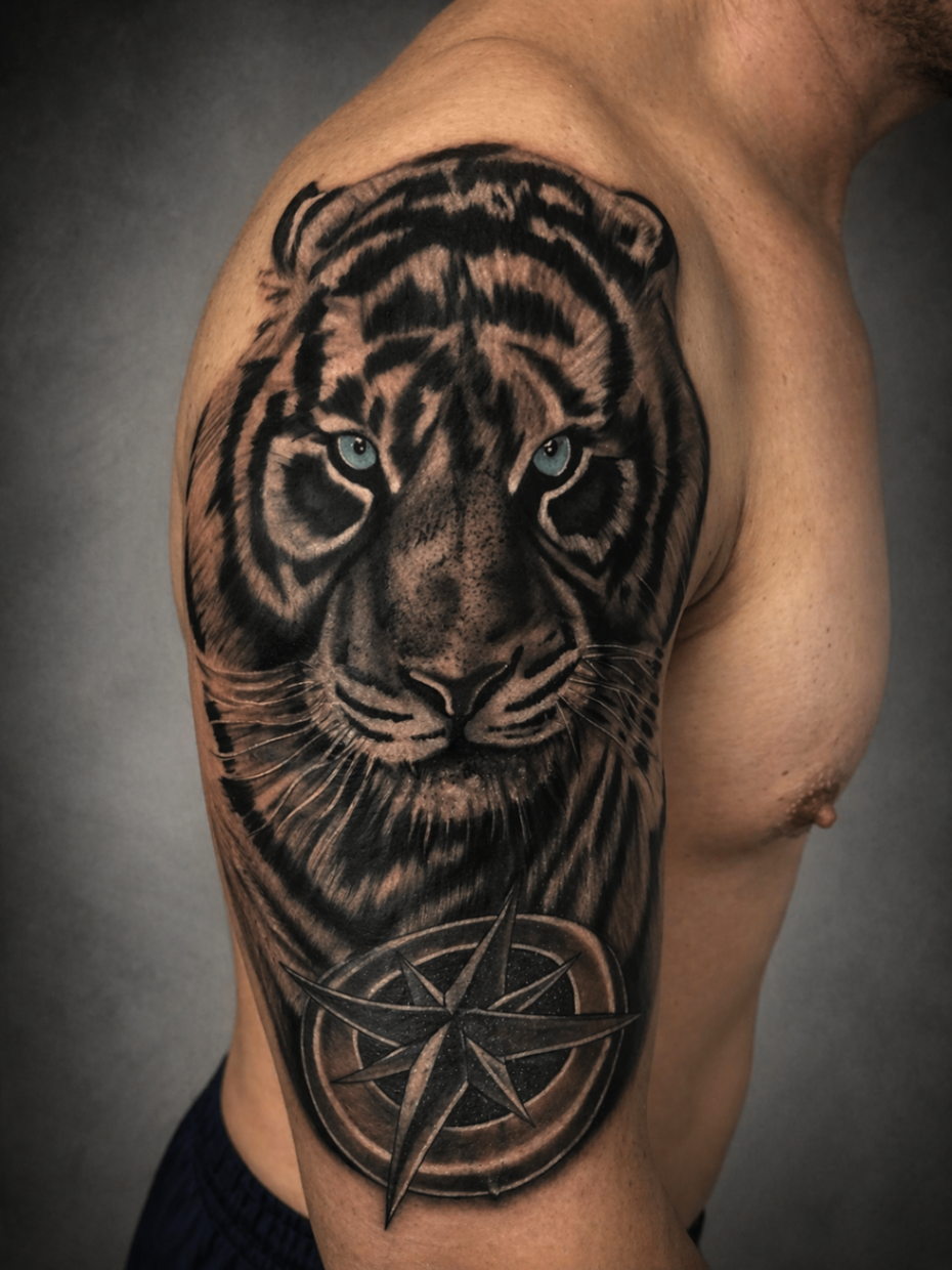 Black and grey tiger shoulder tattoo by Rondon Neto
