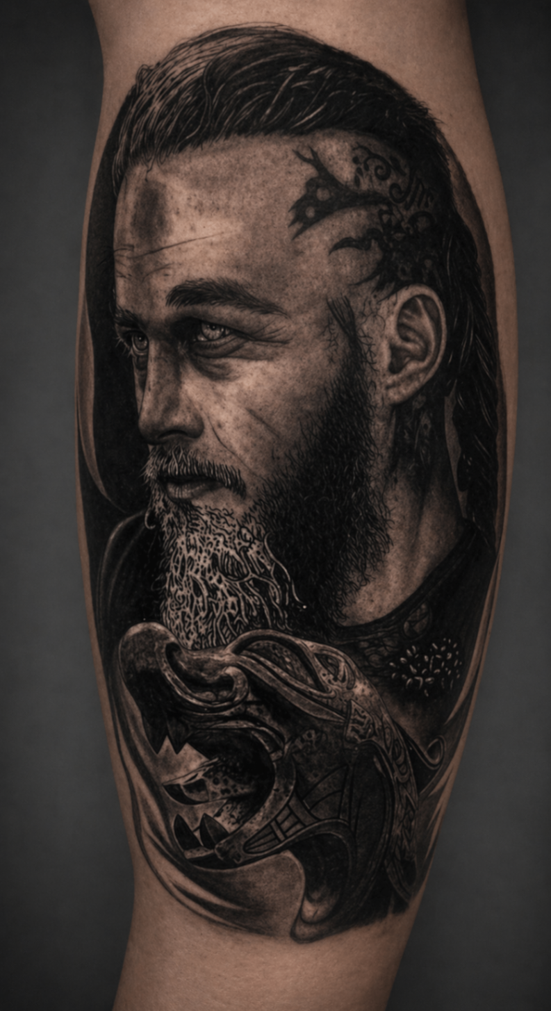 Black and grey portrait tattoo with Norse raven detail by Rondon Neto