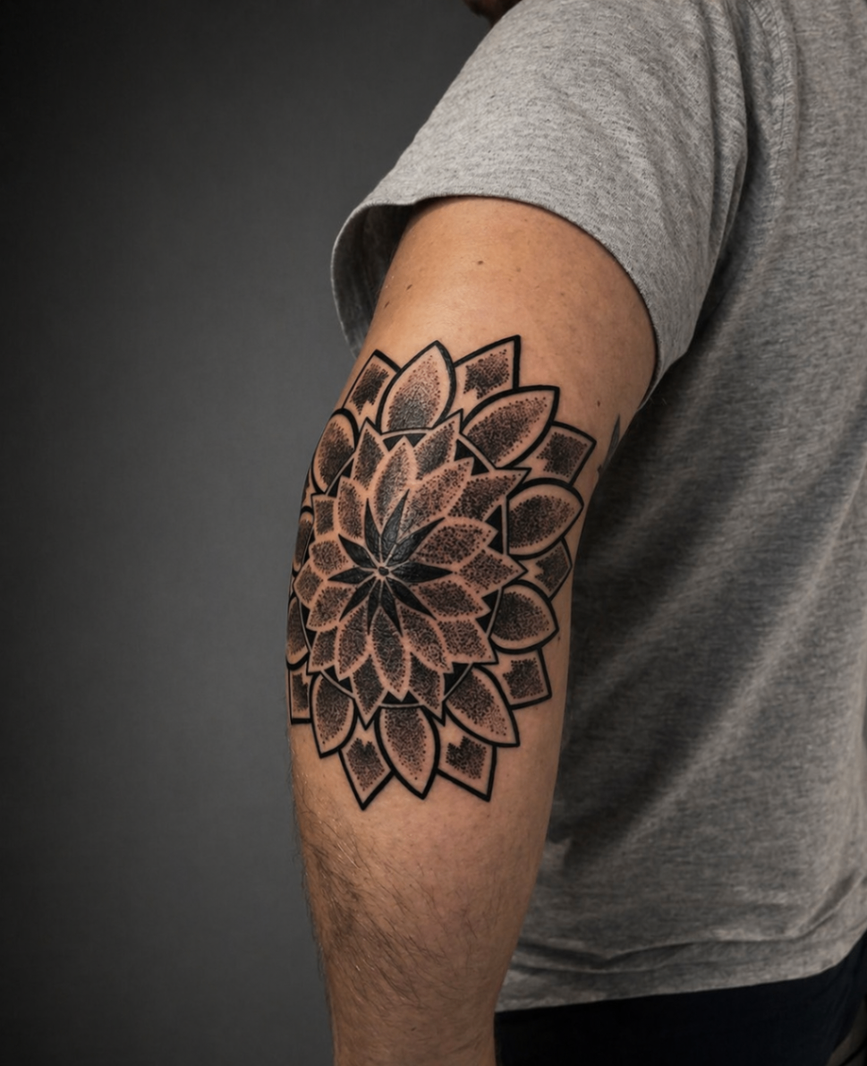 Ornamental dotwork mandala upper arm tattoo by Rondon Neto