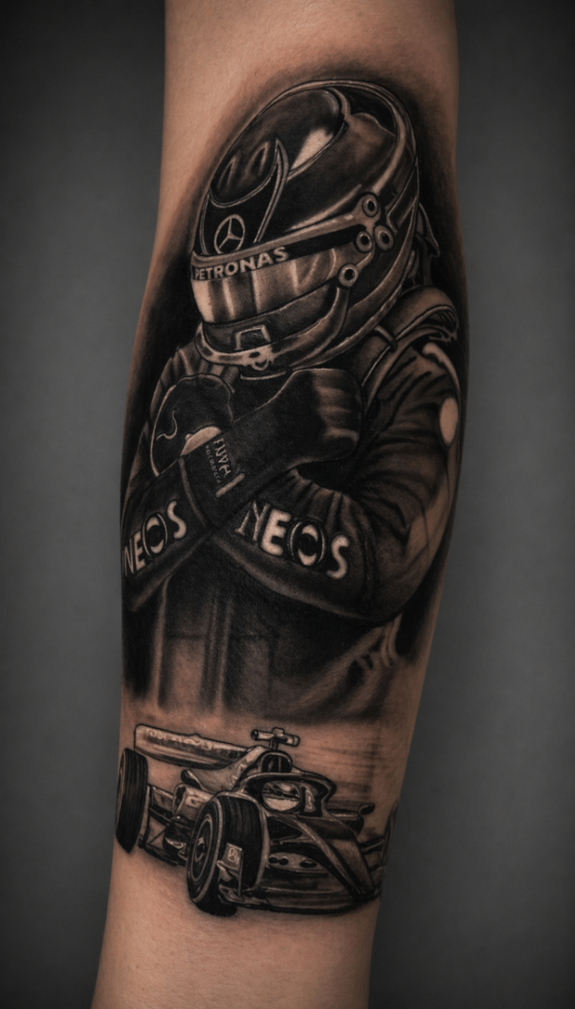 Black and grey Formula One driver portrait tattoo by Rondon Neto
