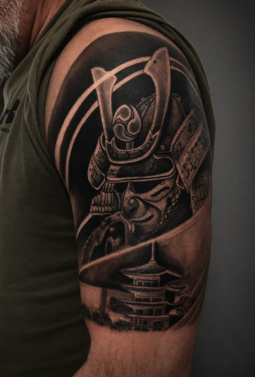 Black and grey samurai helmet shoulder tattoo by Rondon Neto