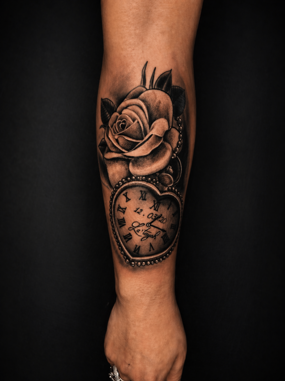 Black and grey rose and pocket watch tattoo by Rondon Neto