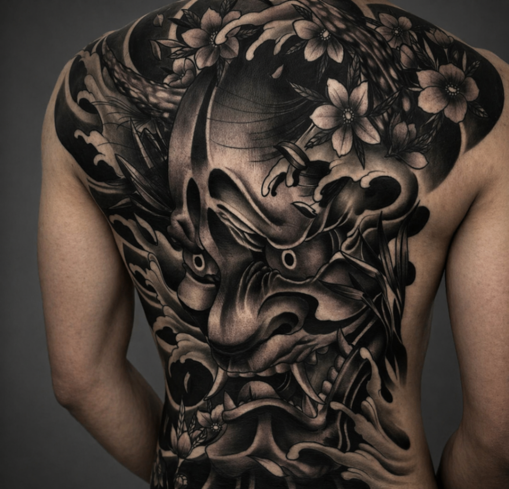 Large black and grey oni backpiece tattoo by Rondon Neto