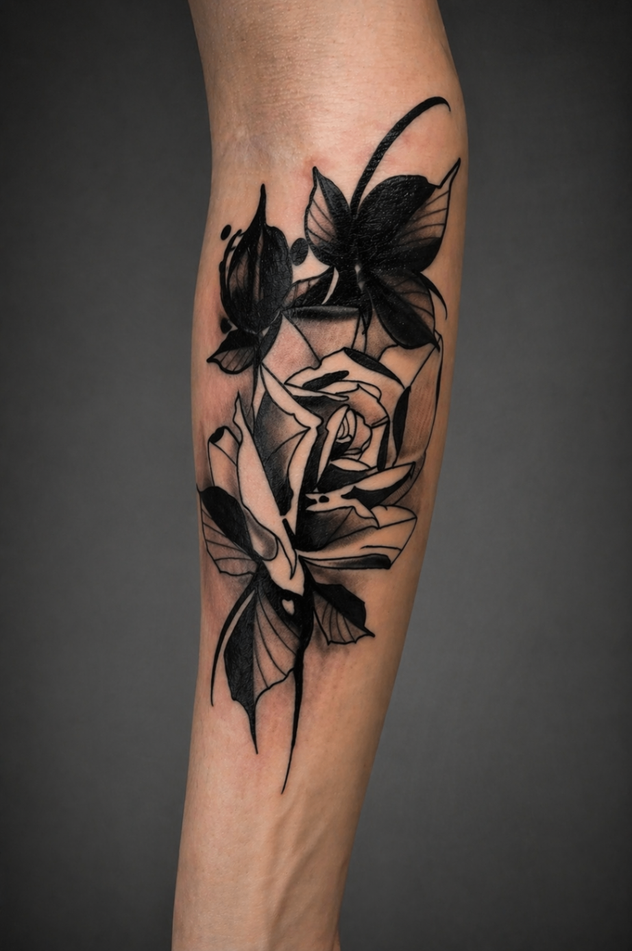 Fine line black rose and butterfly forearm tattoo by Rondon Neto