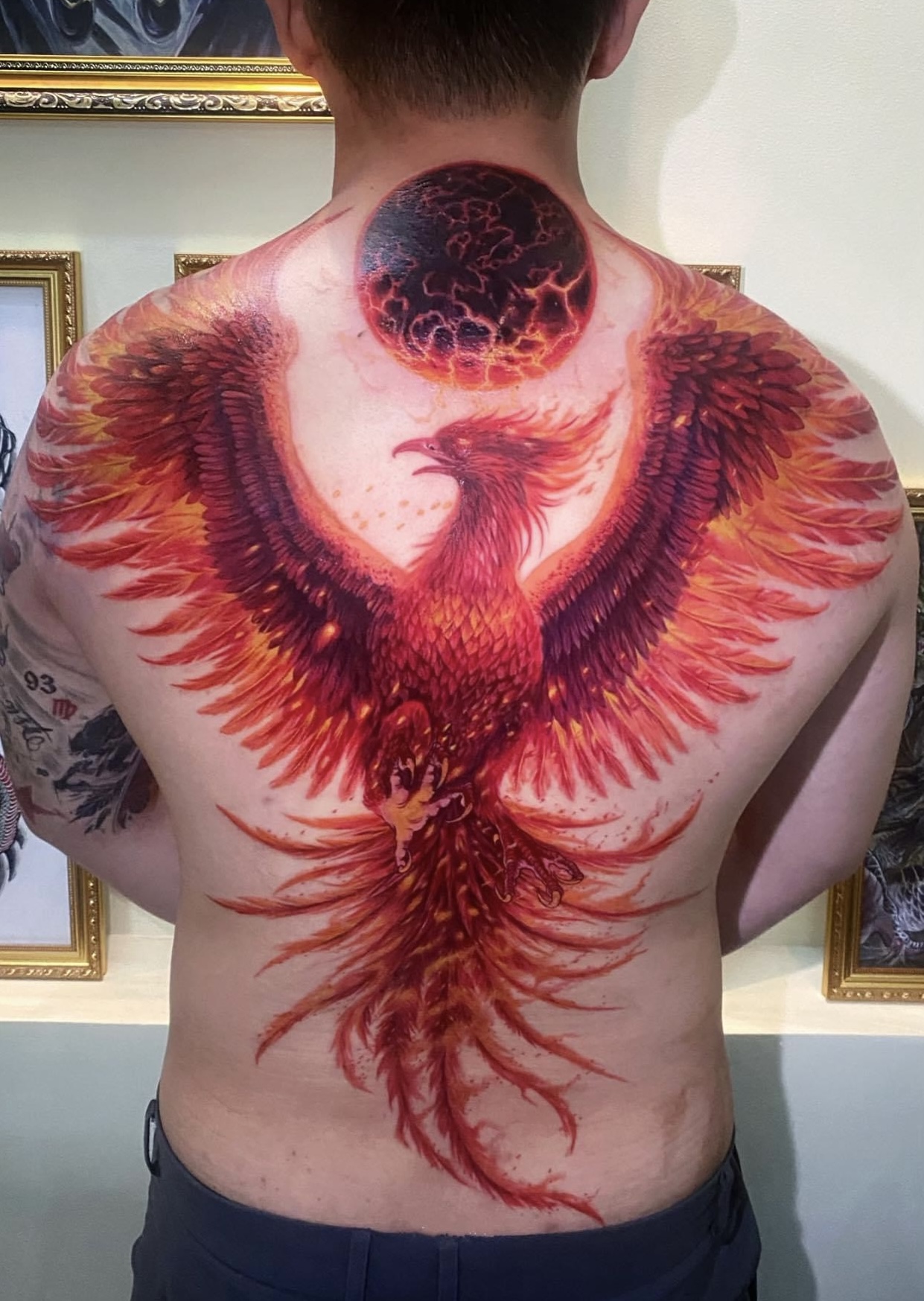 Full back freehand colour phoenix tattoo by Rondon Neto