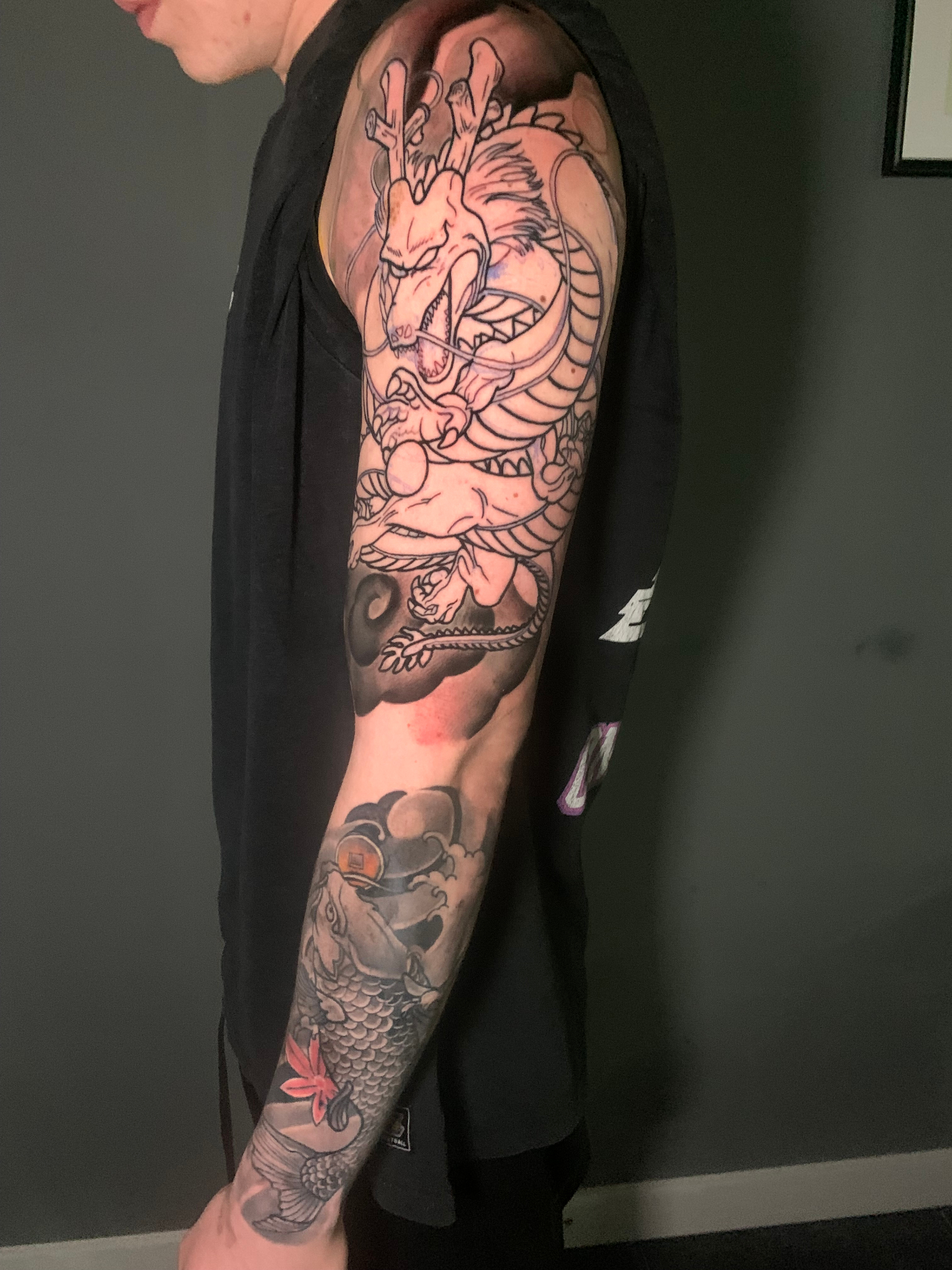 Japanese dragon and koi sleeve in progress — freehand linework by Rondon Neto