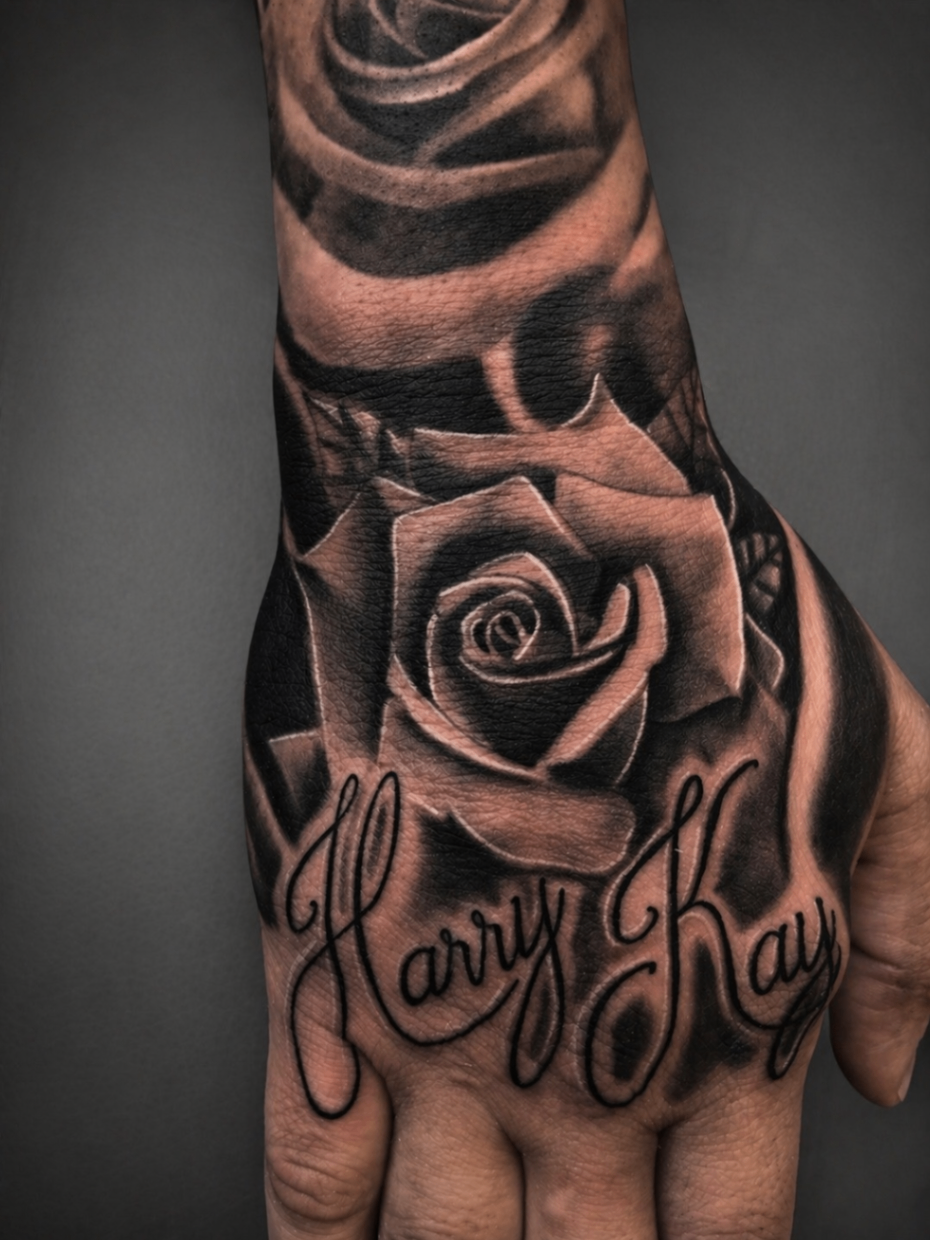 Black and grey rose and script hand tattoo by Rondon Neto